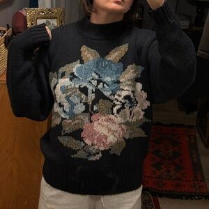 Collections  by Michelle Stuart oversized needlepoint style floral blue sweater